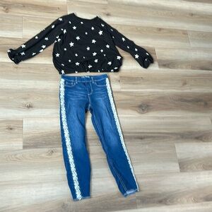 Wonder Nation Girls 10-12 Black Star Shirt and Blue Jeans With Lace Size 10-12